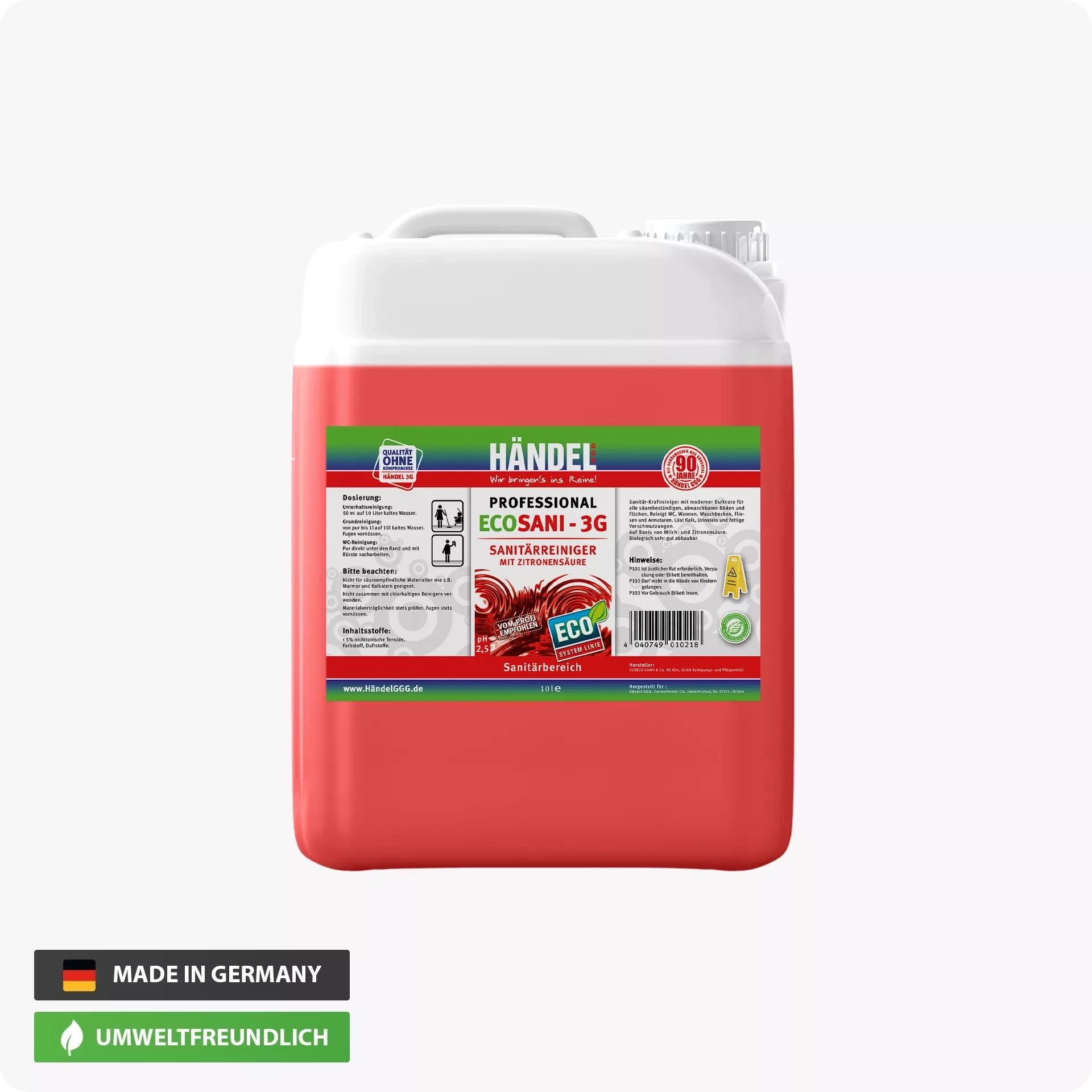 EcoSani 3G -  Sanitärreiniger | 1L - 10L | Entfernt Kalk, Urinstein, Rost, Seifenrückstände & fettigen Schmutz